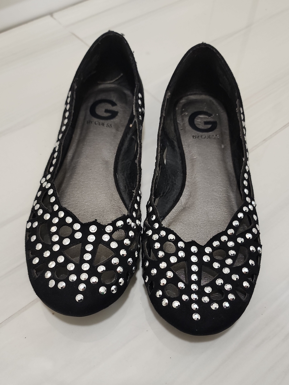 G by Guess Black Rhinestone Cutout Ballet Flats